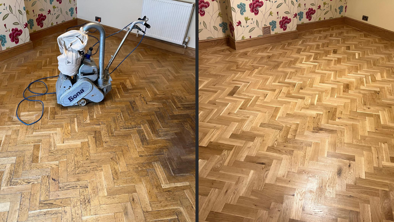  A before-and-after comparison of a herringbone parquet wood floor showing the transformation after professional sanding and refinishing, done with Bona machinery.